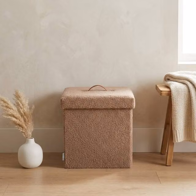 Garden Greatness Taupe Bouclé Folding Teddy Storage Stool W/D/H: 38 x 38 x 38 cm
