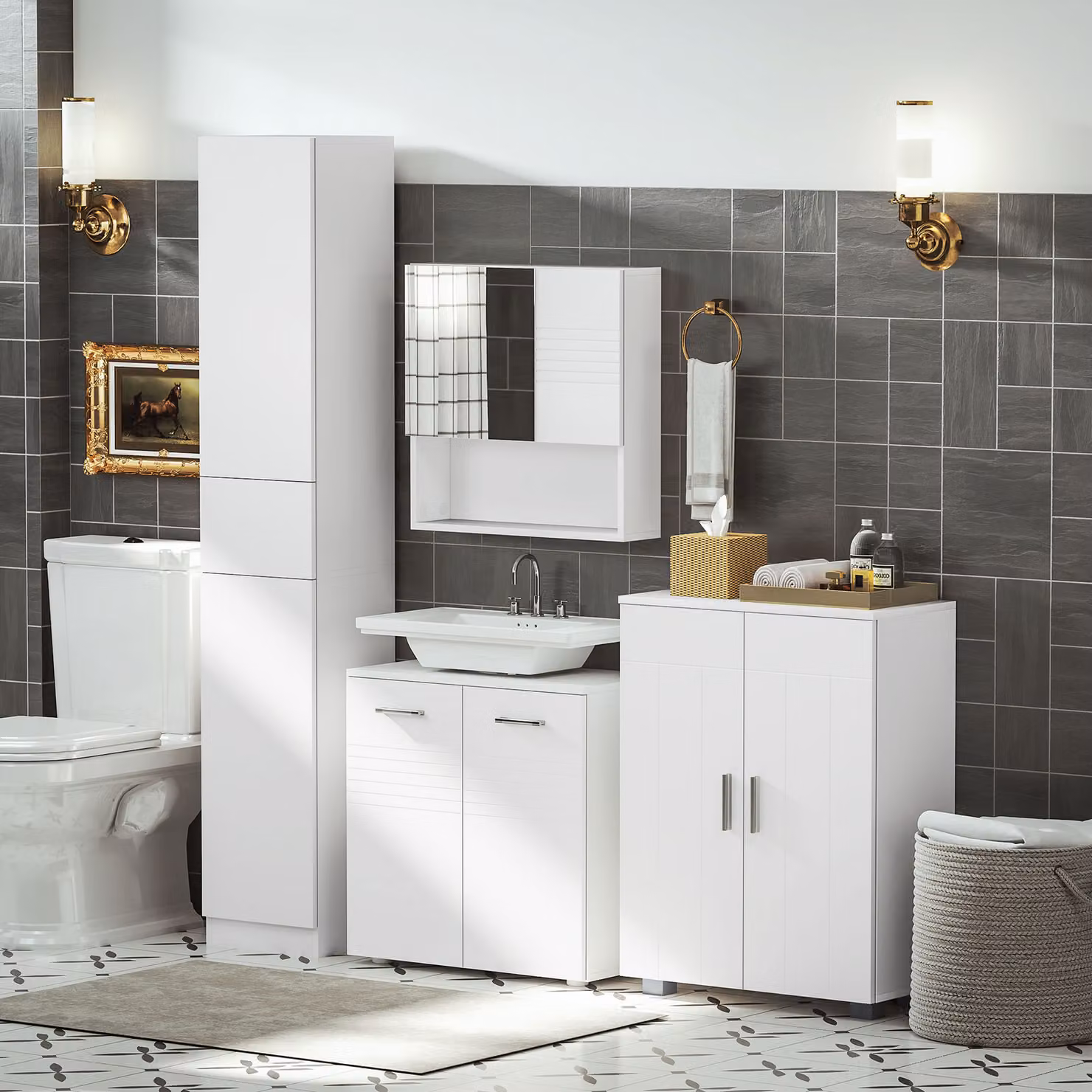 HOMCOM Tall White Freestanding Bathroom Storage Cabinet with Adjustable Shelves and Hinged Doors – 2