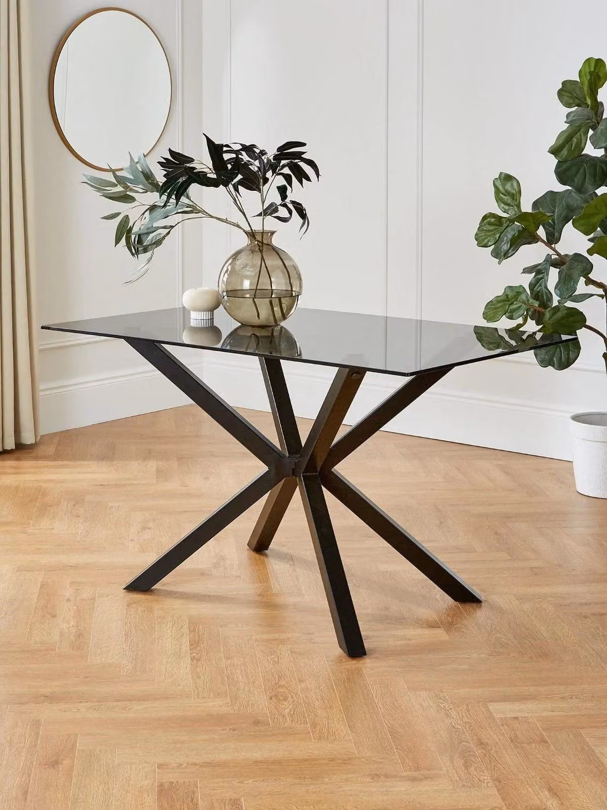 Very Home Chopstick Modern Rectangular Glass Top Dining Table in Black, W/D/H: 130 x 80 x 75.2 cm