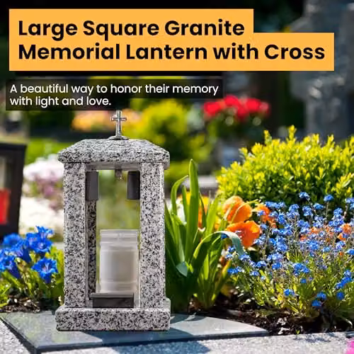 NOVECRAFTO Large Square Granite Memorial Lantern with Cross in Grey, H 32 cm – 2