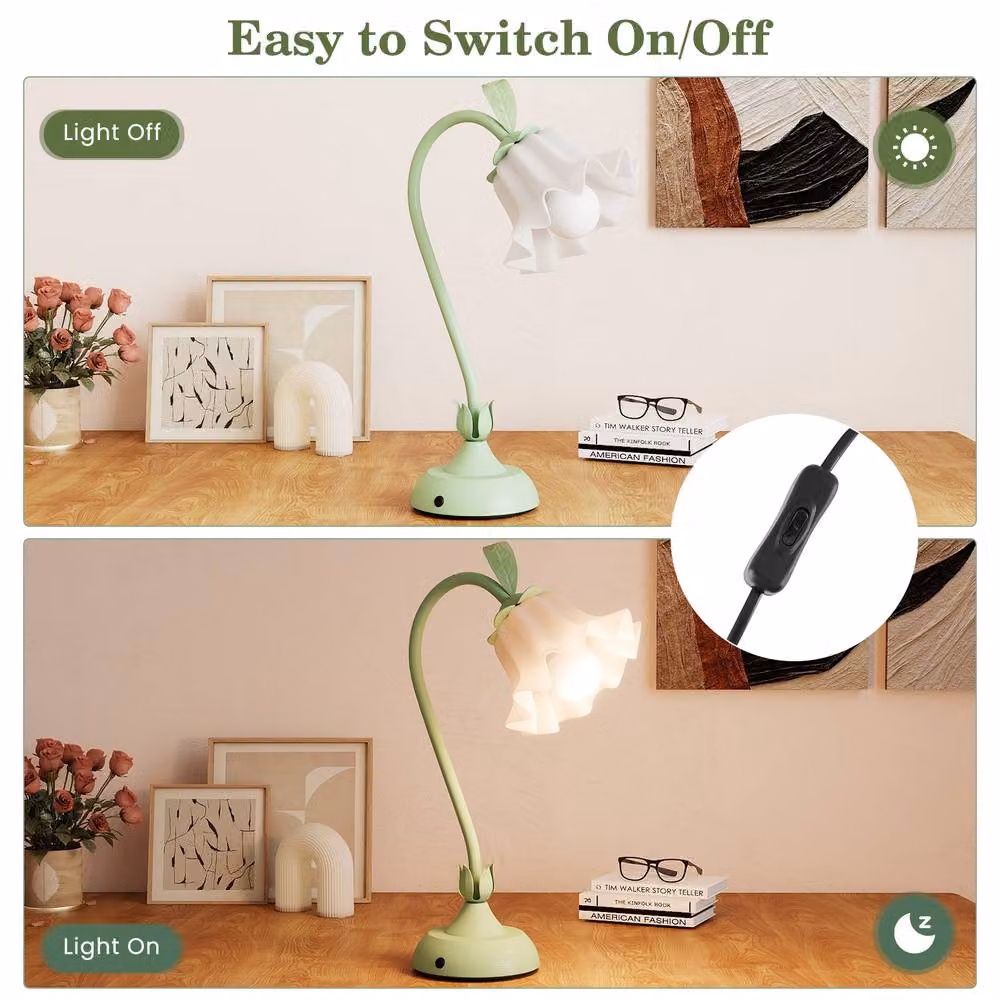 Gymax Green Nightstand Lamp with Lily of the Valley Decorative Lampshade and Adjustable Metal Base – 4