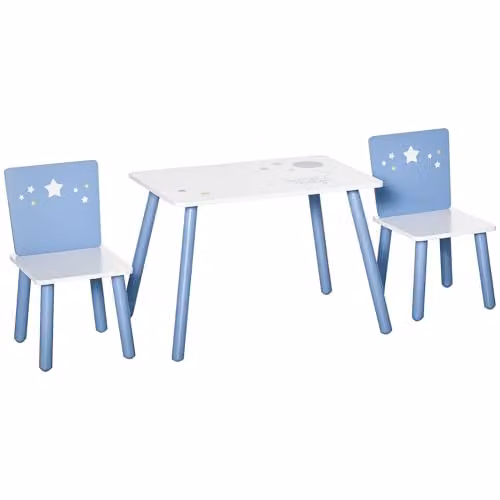 HOMCOM 3 Piece Kids Table and Chairs Set in Blue and White with Pine Wood Legs and Star Design