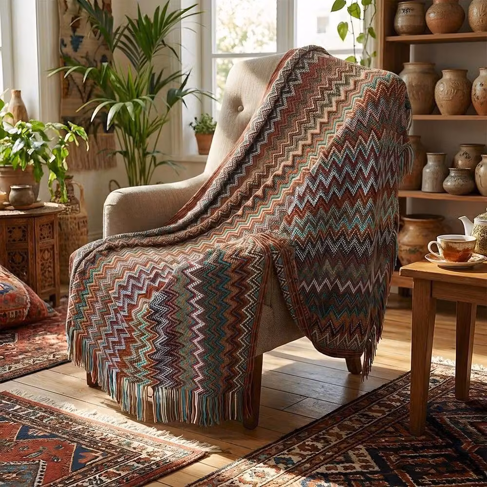 NESTLUNE Khaki Wave Striped Knitted Throw Blanket, W: 100 cm, L: 190 cm – 5