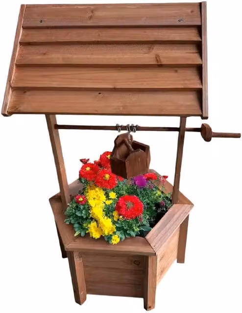BARGAINS-GALORE Wooden Garden Wishing Well Fountain and Waterfall Planter Pot in Brown – 1