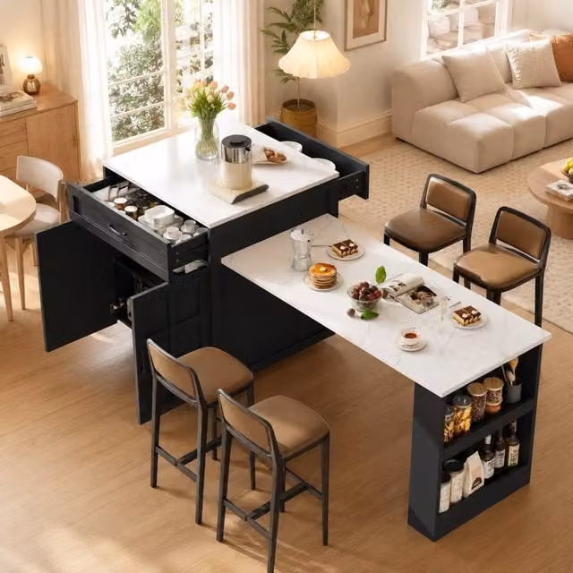Merax Extendable Kitchen Island with Pull-Out Dining Table and Dual-Side Drawers in Black