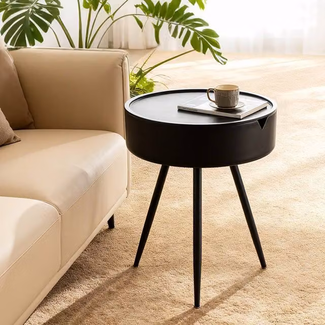 VOGREX Modern Round Black Metal Side Table and Bedside Nightstand – 1