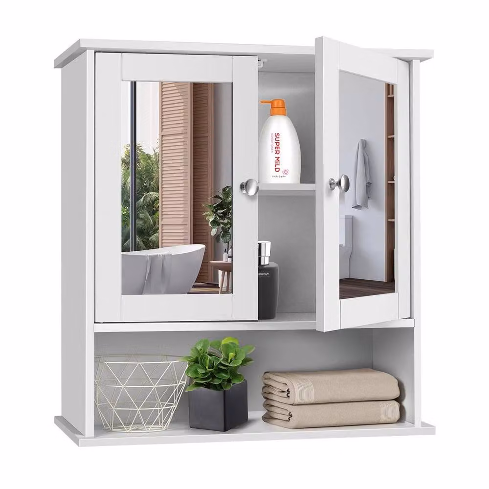 FORGEVIO Modern White MDF Bathroom Cabinet with Double Mirror Hinged Doors – 2