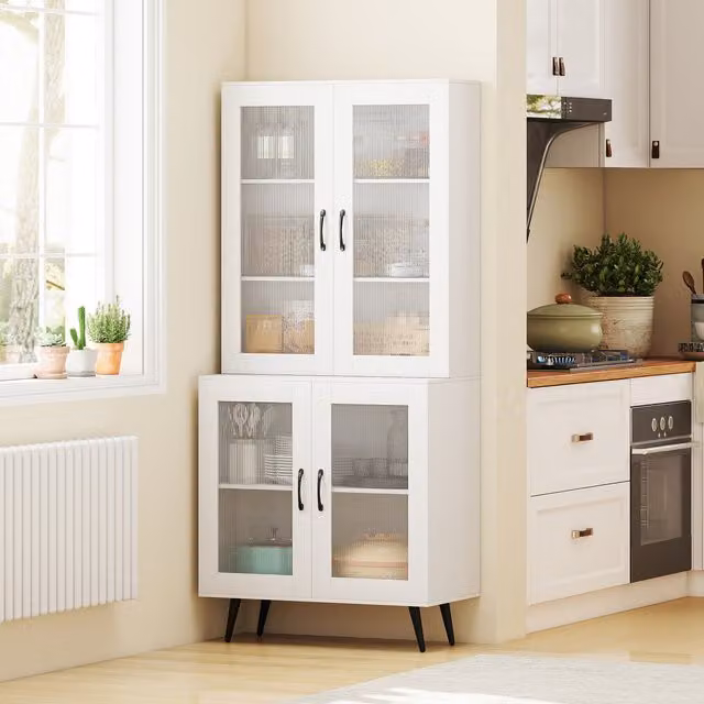COSTWAY Modern White Kitchen Pantry Cabinet with Glass Doors and Metal Internal Shelves