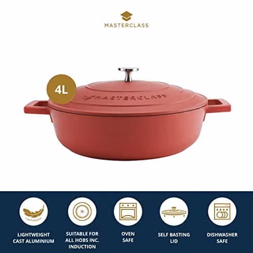 MasterClass Shallow Casserole Dish with Lid, Non-Stick Red Aluminium and Stainless Steel Casserole Pan, 4 l – 2