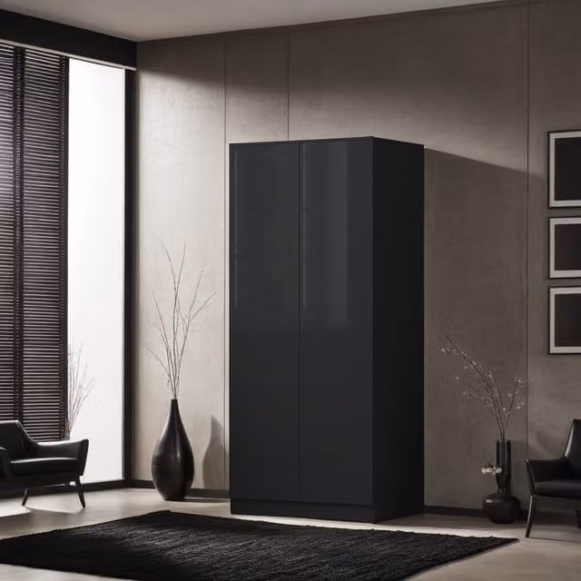 FWStyle Modern High Gloss Black 2 Door Double Wardrobe with Soft Close Push to Open Doors