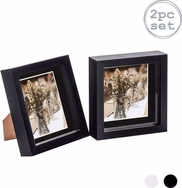 Nicola Spring Pack of 2 Black 3D Box Photo Frames with 4x4 inch Mount, W/D/H: 15.24 x 15.24 x 15.24 cm