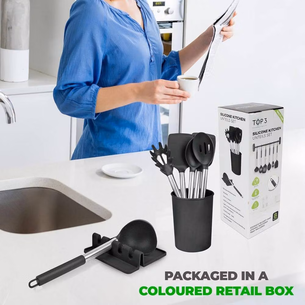 Top 3 8 Piece Black Silicone and Stainless Steel Kitchen Utensil Set with Storage Bucket – 2