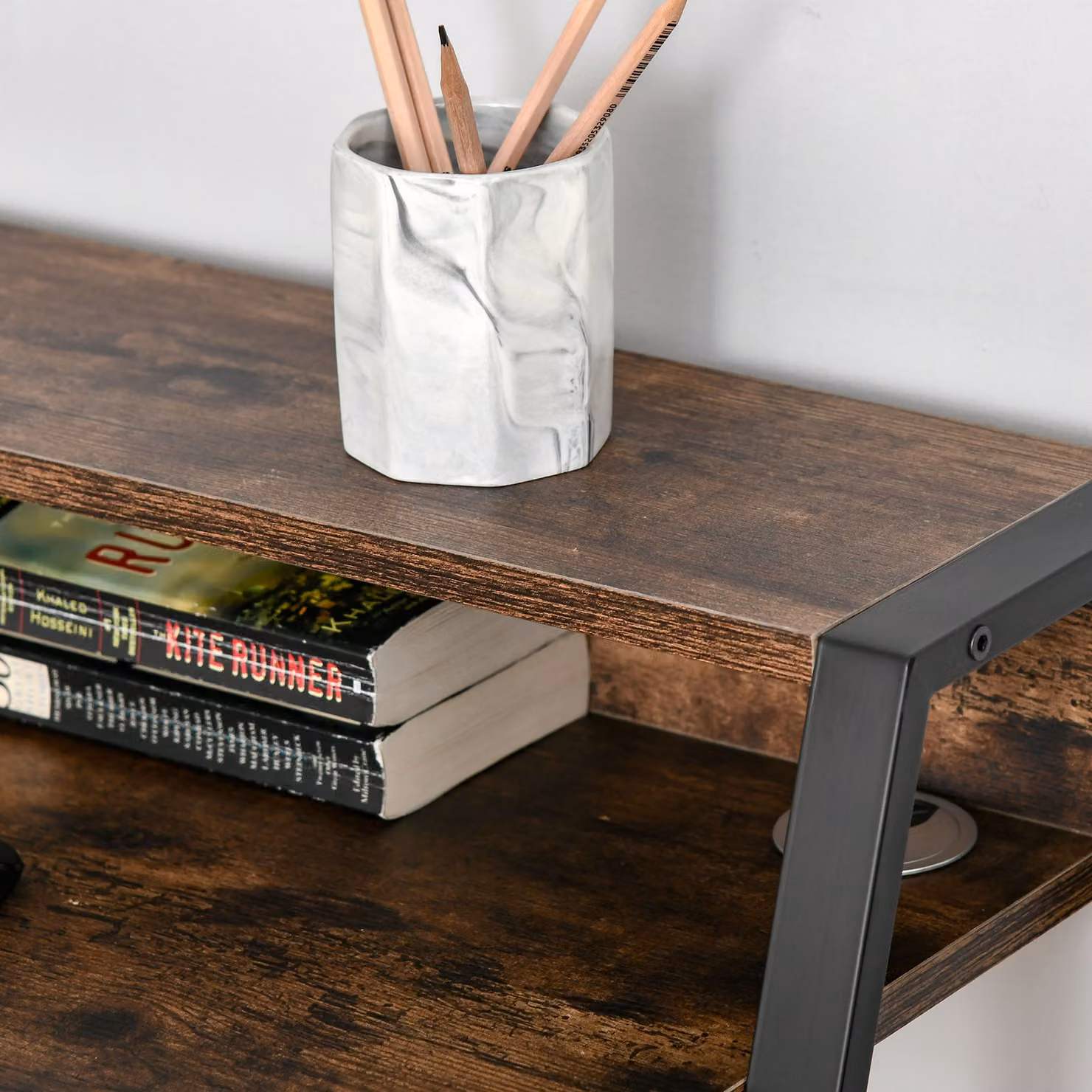 HOMCOM Rustic Brown Computer Desk and Home Office Workstation with Storage Shelf – 7