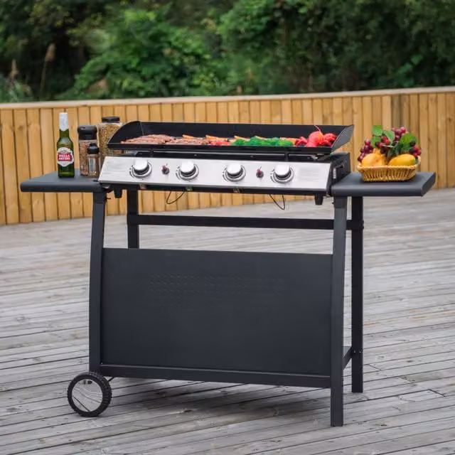Callow 4 Burner Gas Griddle and Plancha with Stand and Side Tables, Black