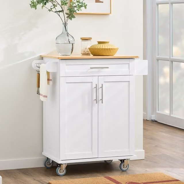 SoBuy Modern Kitchen Island Unit Trolley with Bamboo Wood Worktop in White