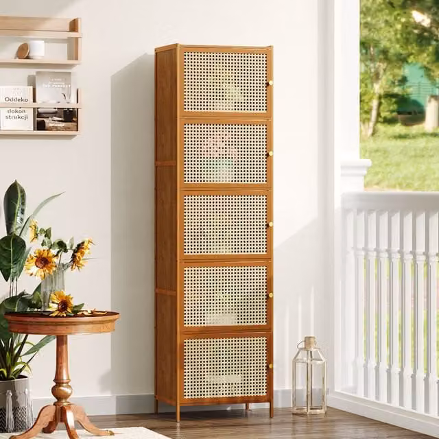 Livingandhome Brown Scandinavian Narrow Bookcase Storage Unit with Rattan Hinged Doors, Height: 155 cm