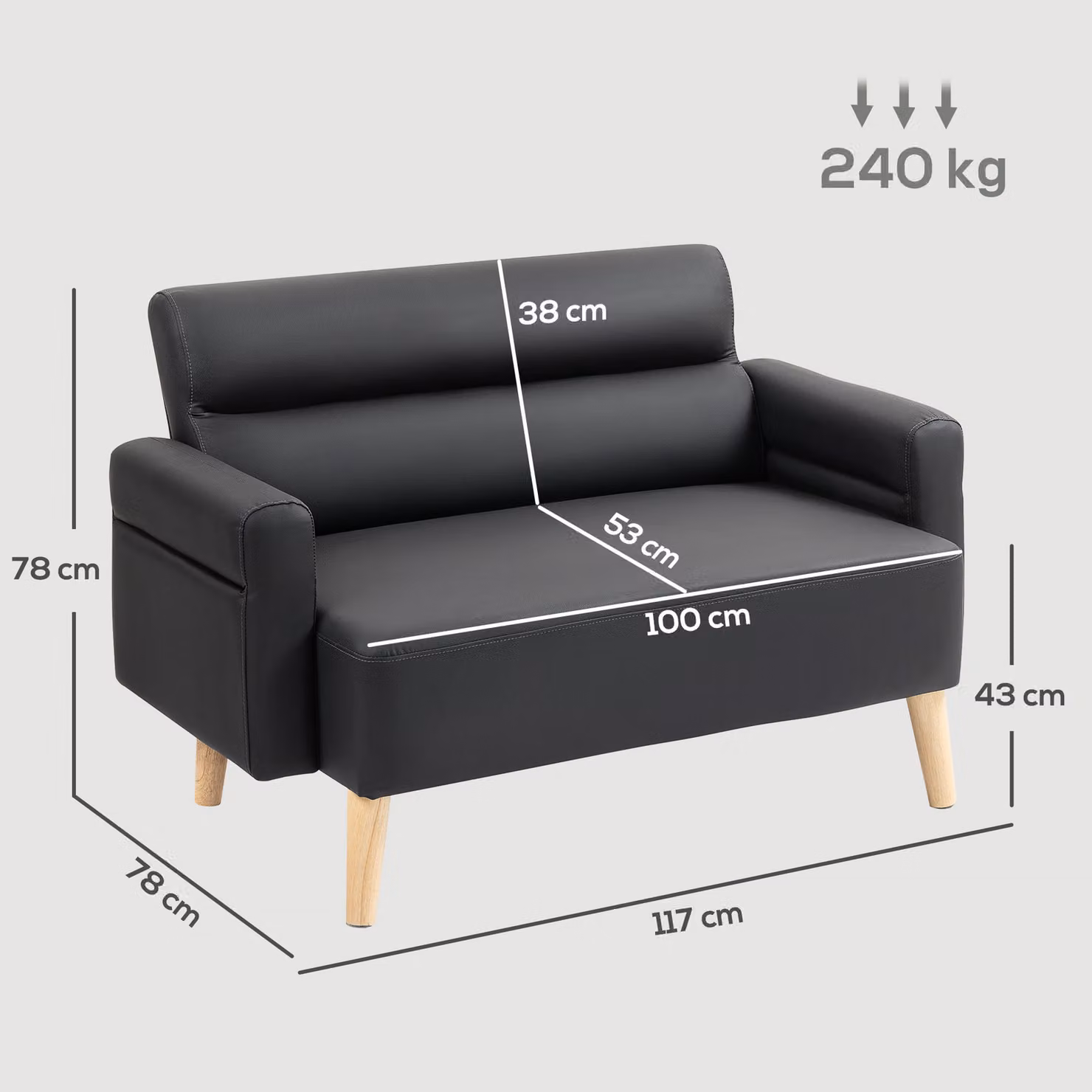 HOMCOM Modern 2 Seater Small Sofa Settee in Black Faux Leather – 3