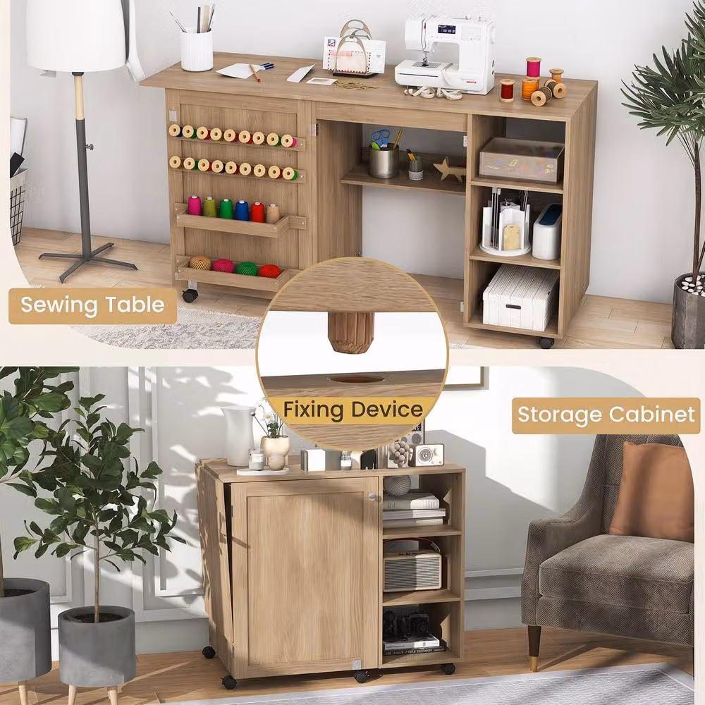 Costway Folding Sewing Table and Rolling Craft Station with 18 Pegs in Brown – 4