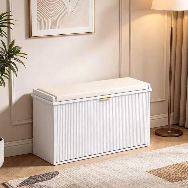 ERGOVEXA White and Gold Shoe Storage Bench with Padded Seat and Flip Drawer – 1