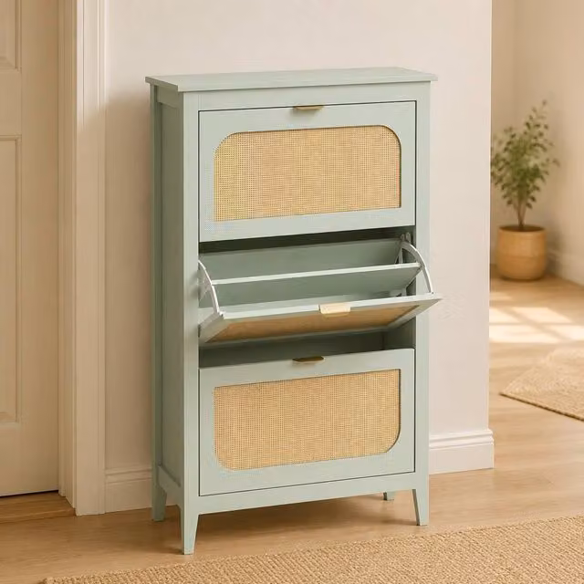 STILVORA Scandinavian Style Shoe Cabinet with 3 Rattan Detail Tilting Compartments in Matt Green – 1