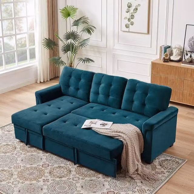 FURNITURE ONE L-shaped Corner Sofa Bed with Reversible Storage in Dark Green Velvet Fabric