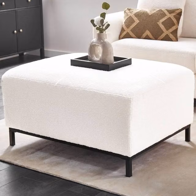 Wyld and Coco White Bouclé Rectangular Footstool with Solid Wood Frame and Stainless Steel Legs – 1