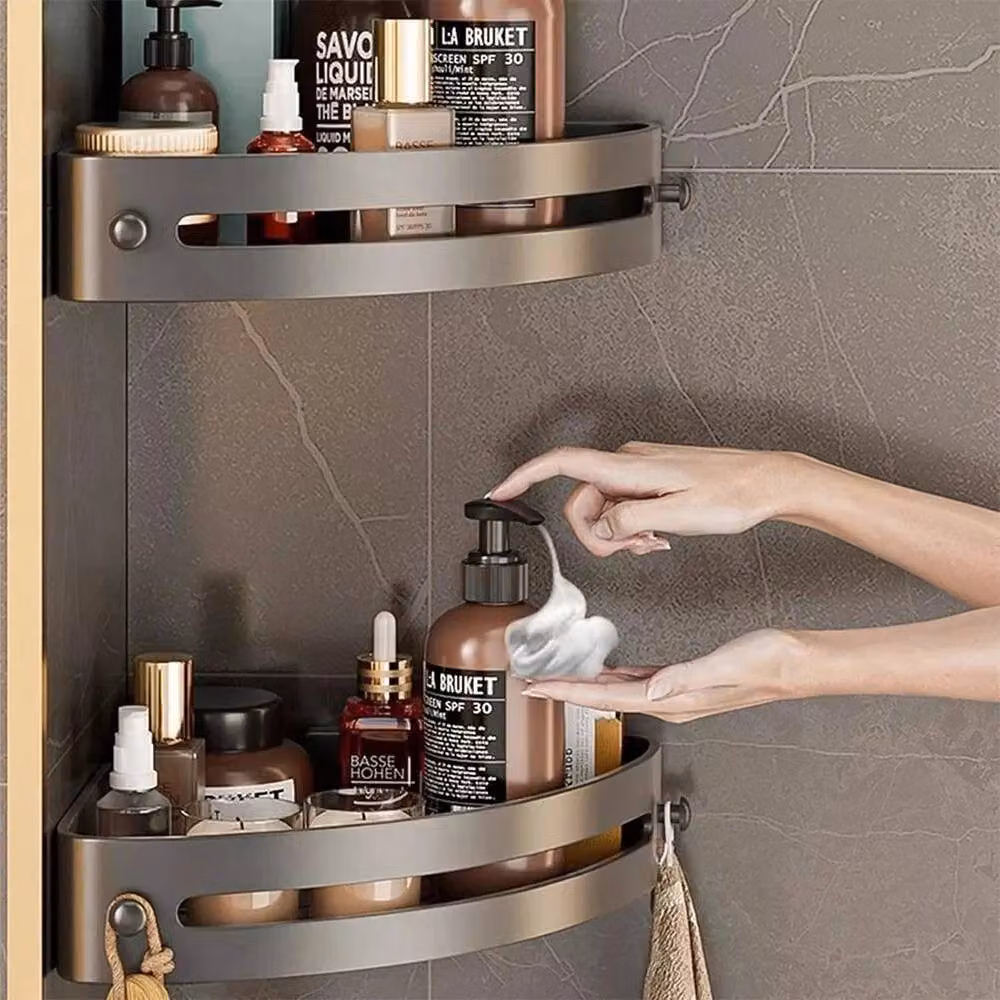 PAWNORA Matt Black Metal Wall Mounted Corner Shelf Rack for Bathroom and Kitchen – 4
