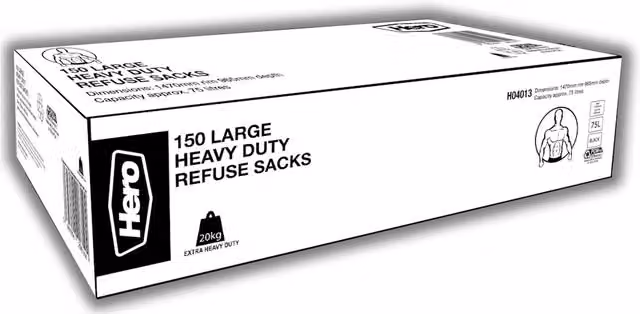 Hero Heavy Duty Bin Bags, 75l, Black, Pack of 150