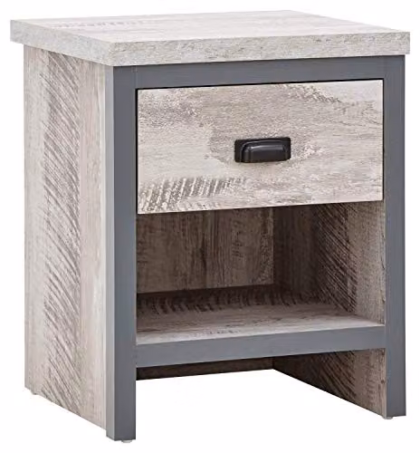 GFW Boston Grey Wood Effect Industrial Lamp Table with 1 Drawer, W/D/H: 39.0 x 43.0 x 52.0 cm