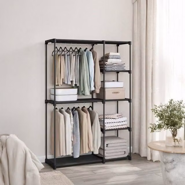 SONGMICS Fabric Wardrobe with 2 Rails and 5 Shelves, Black