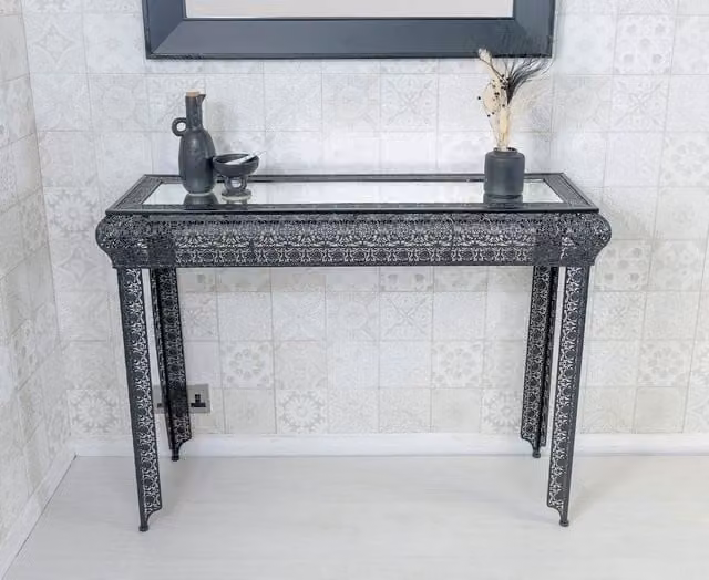 Downton Interiors Agadir Black Embossed Metal and Mirrored Glass Console Table