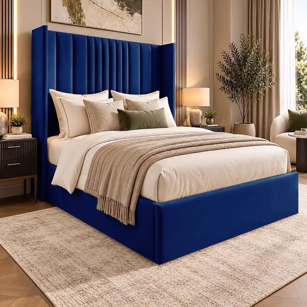 Desire Deco Adeline Blue Plush Velvet Wingback Ottoman Storage Bed Frame, Double (W: 140 cm, L: 200 cm) – 2