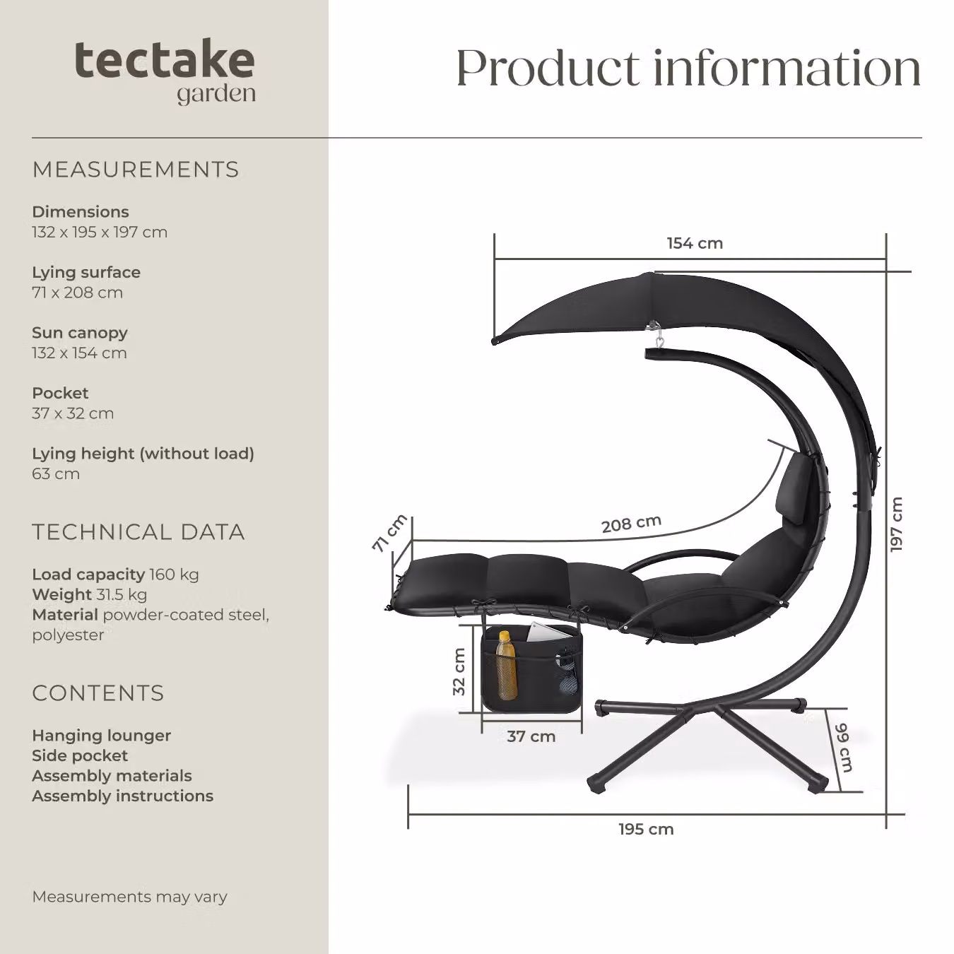 tectake Elaria Hanging Chair with UV-Protection Sun Canopy in Black – 6