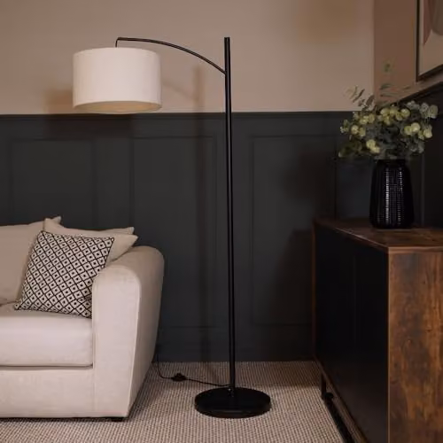 ValueLights Black Metal Curved Stem Floor Lamp with Beige Boucle Fabric Shade and LED Bulb Included – 2