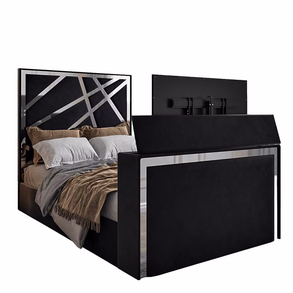 KDMD Ashwell Double Upholstered Velvet TV Bed Frame with Lift Up Base in Black – 2