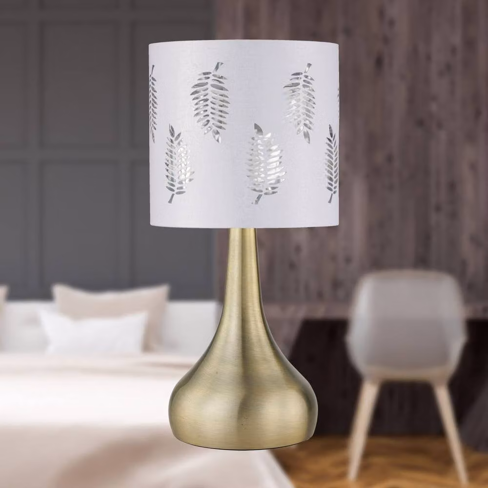 First Choice Lighting Romana Set of 2 Antique Brass Touch Table Lamps with White Fabric Fern Shades – 3