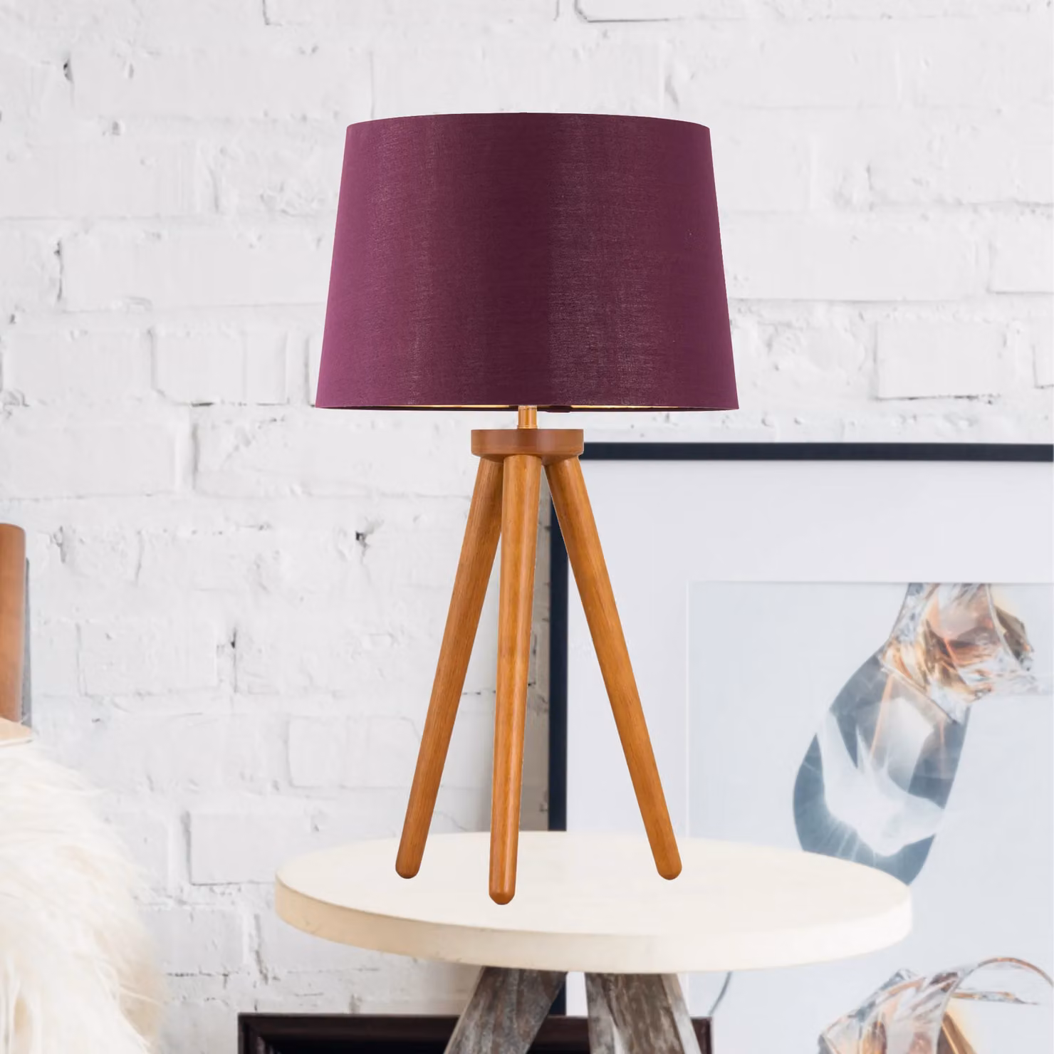First Choice Lighting Voyage Table Lamp with Burgundy Fabric Shade and Brown Wood Base – 2