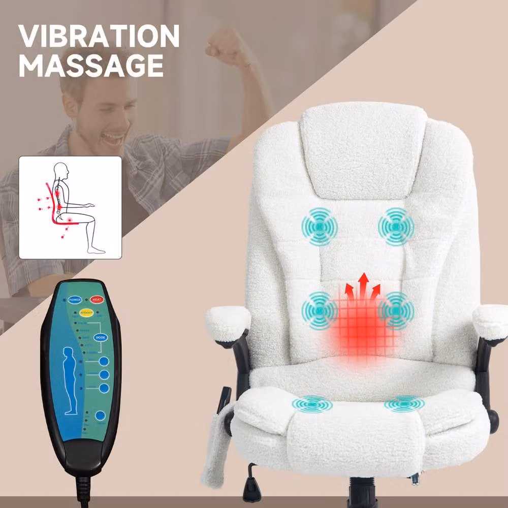 ERGOVEXA White Boucle Fabric Six-Point Massage Executive Office Chair with Armrests and 360 Degree Swivel – 5