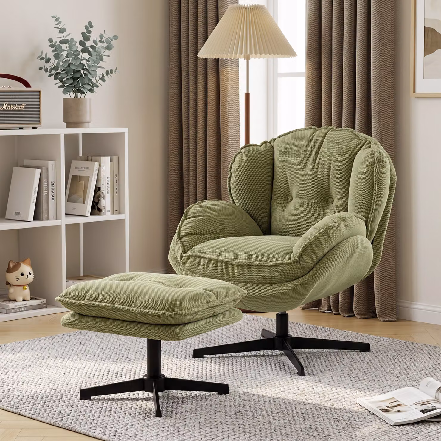 HOMCOM Green Chenille Swivel Armchair with Adjustable Footstool and Thick Cushion – 6