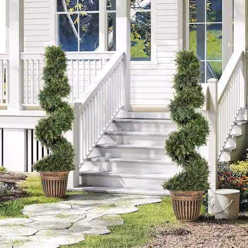 HOMCOM Set of 2 Green Artificial Spiral Cypress Trees in Concrete Pots, Height: 120 cm, Width: 30 cm, Depth: 30 cm – 6