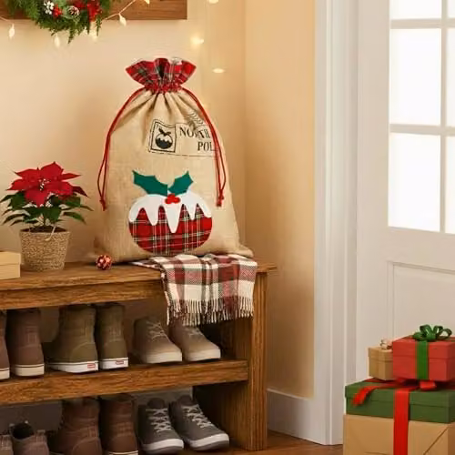 Shatchi Large Santa Sack Hanging Christmas Gift Bag in Brown and Beige, W/H: 70 x 50 cm – 2