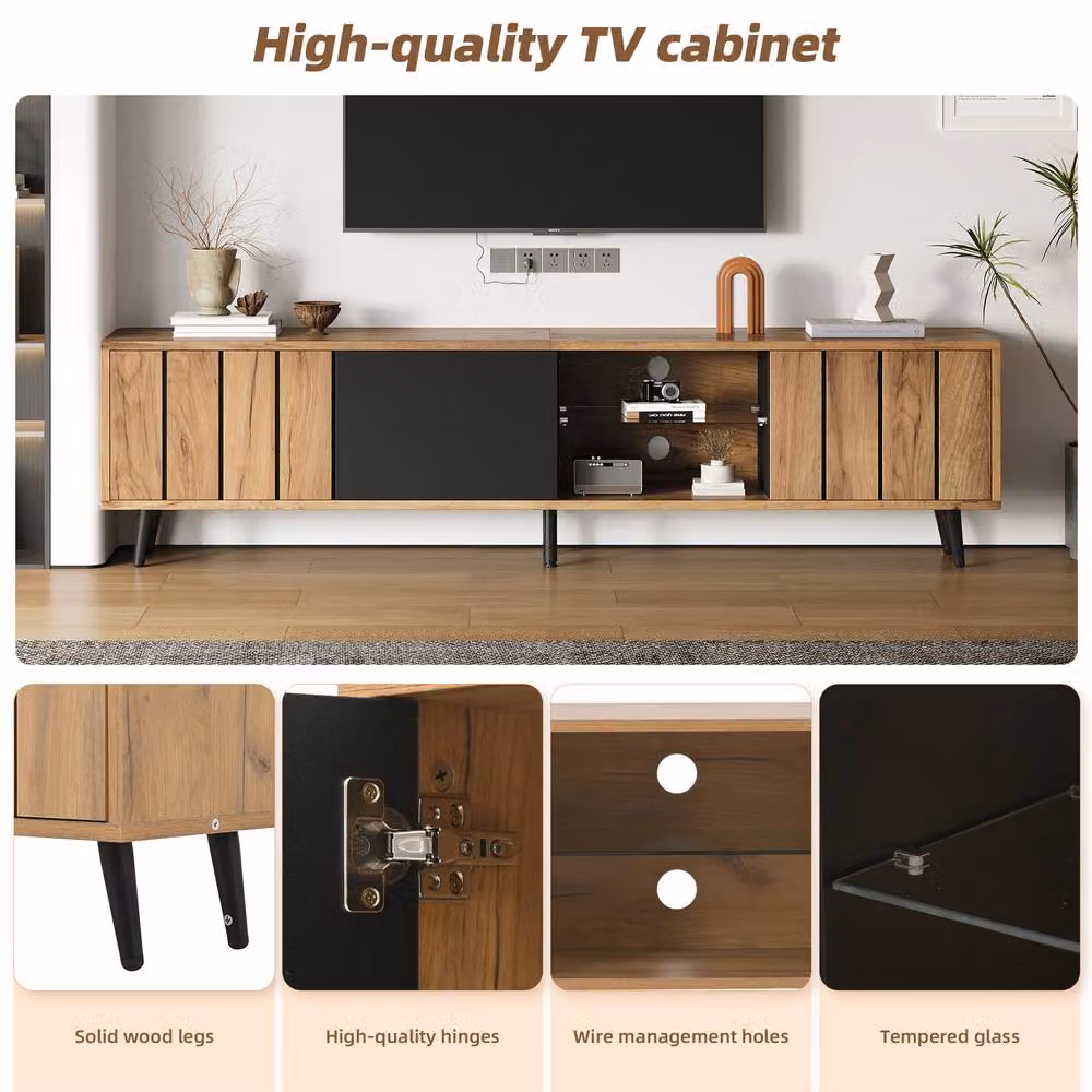 BTM Modern TV Stand Cabinet with Glass and Wood Storage Shelves and Doors in Brown or Black, W/D/H: 175.0 x 45.0 x 31.5 cm – 4
