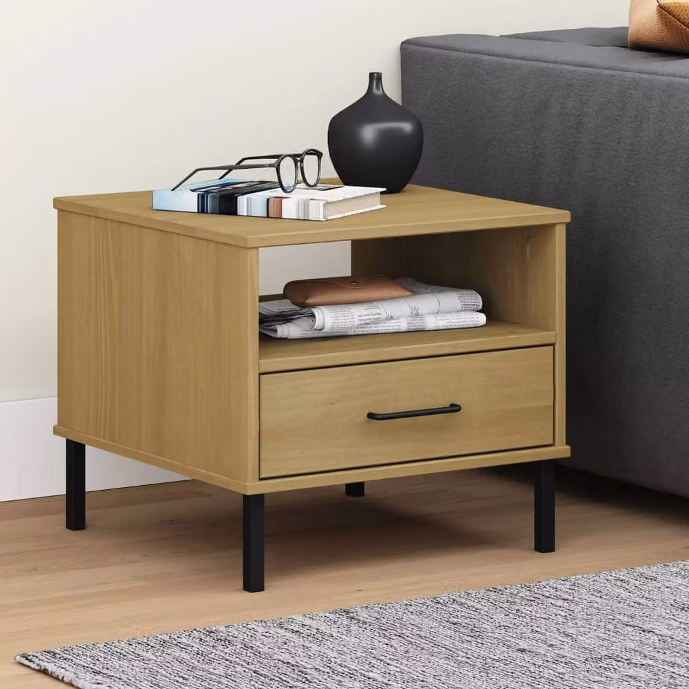 Berkfield Home Oslo Bedside Table in Light Tan Solid Pine Wood with Metal Legs – 2