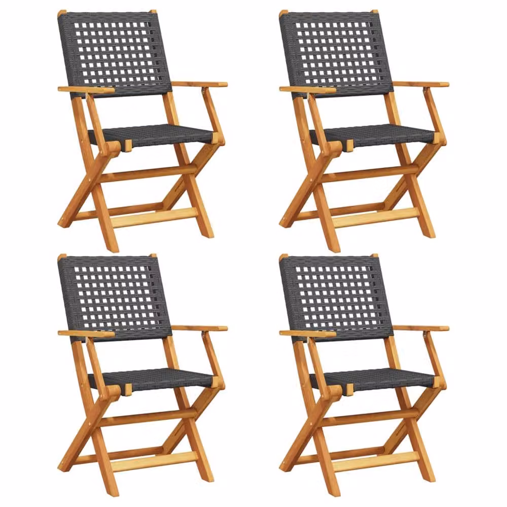 Berkfield Home Beautiful Set of 4 Black Poly Rattan and Oiled Acacia Wood Folding Garden Chairs – 3