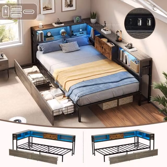 ModernLuxe Single Bed Frame in Brown with LED Lighting, USB Charging Port, Drawers and L-Shaped Storage Headboard, W/D/H: 90 x 190 x 111 cm