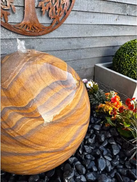 Tranquillity Water Features Sandstone Sphere Solar Stone Water Feature, Grey and Brown, Diameter: 50 cm