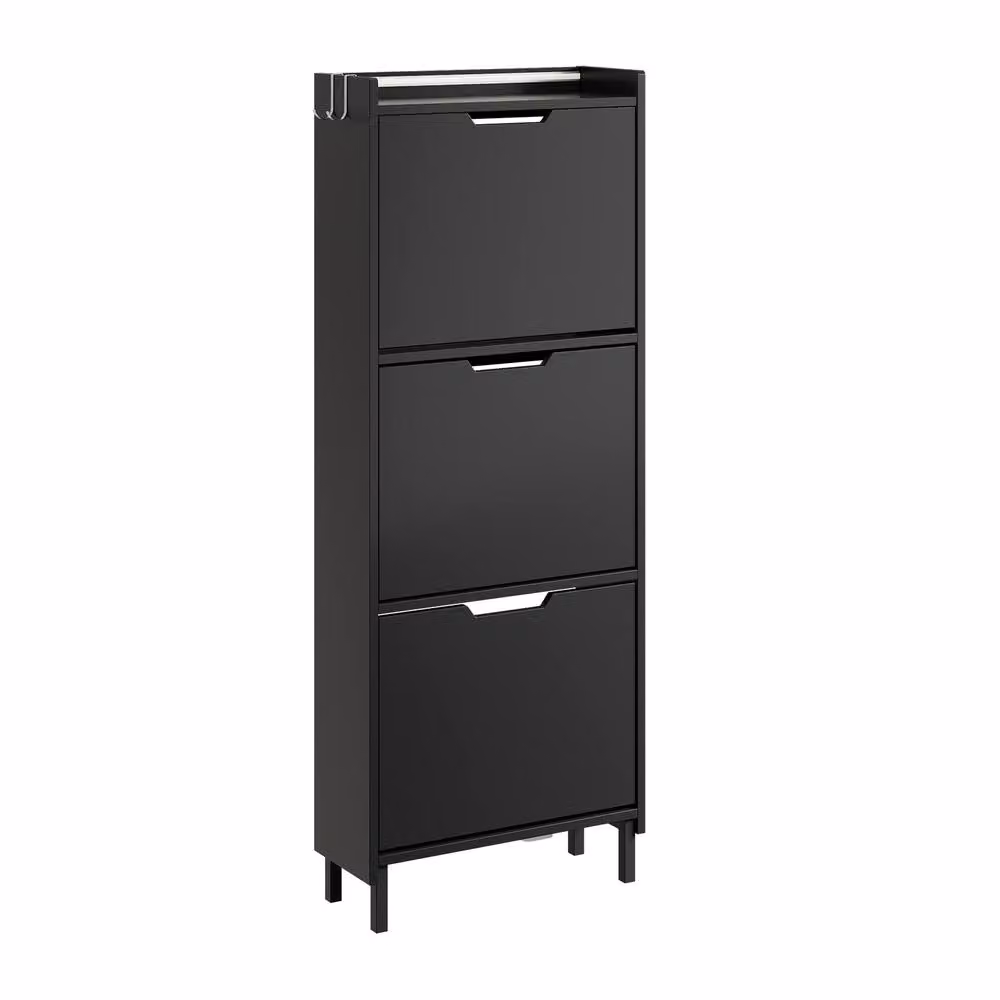 SoBuy Modern Black Matt Foldable Shoe Cabinet with Tilting Compartments and Integrated Lighting – 2