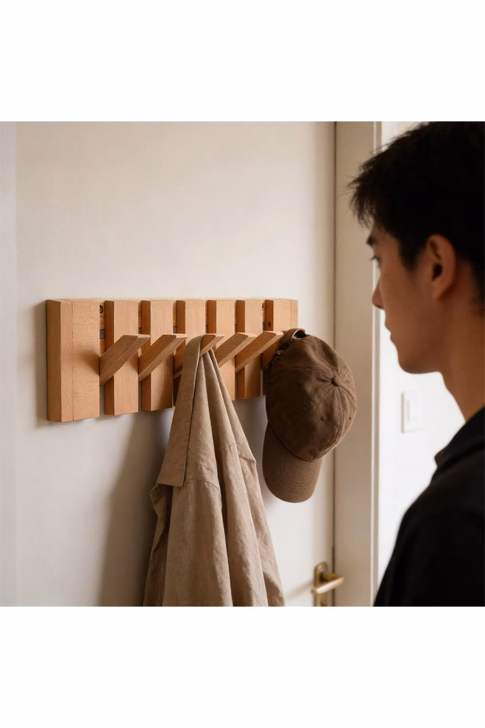 Living and Home Scandinavian Beech Wood Wall-Mounted Coat Rack with 6 Flip-Down Hooks in Natural Sand – 2