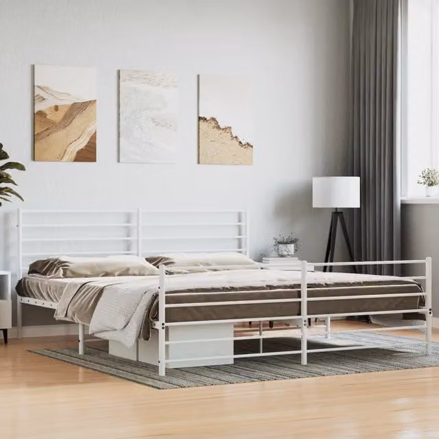 Berkfield Home Metal Bed Frame with Headboard and Footboard in White, W/D/H: 193 x 203 cm
