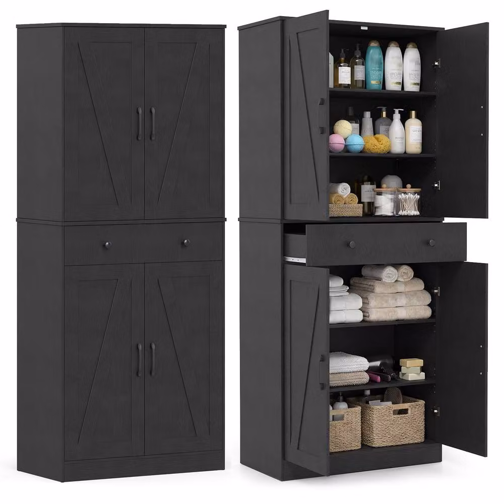 Costway Black Wooden Kitchen Pantry Farmhouse Cupboard Cabinet with Drawer and Soft Close Doors, Height: 183 cm – 9